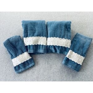 Vintage 4 pc Blue Bath & Hand Towel Set With Lace Cottagecore Shabby Chic Granny